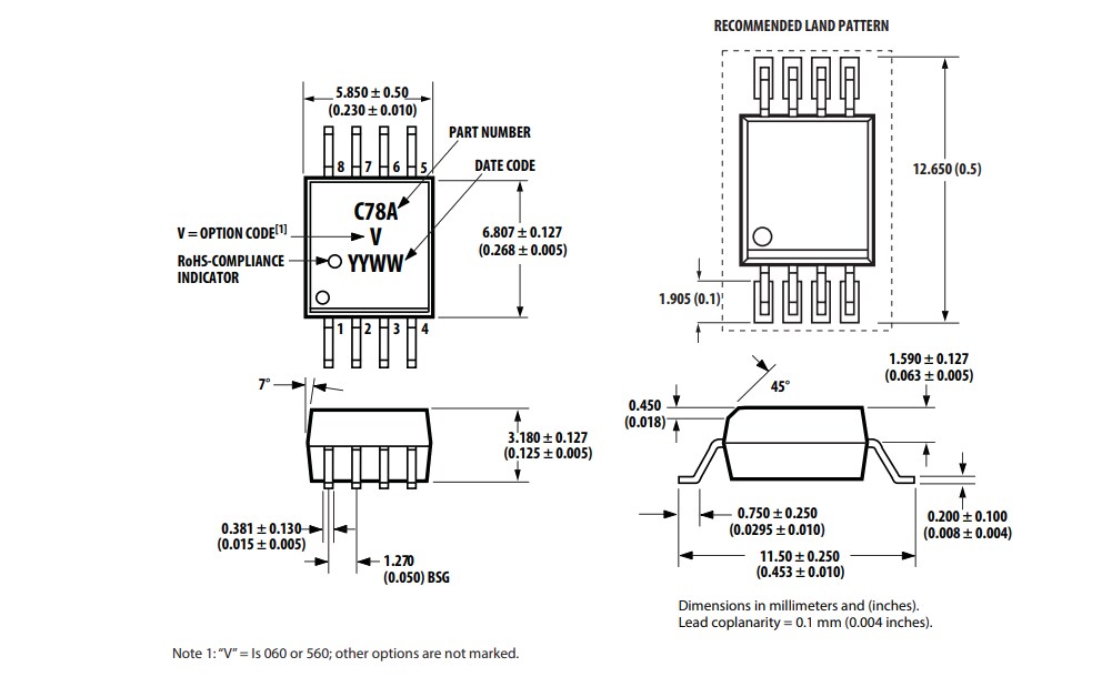 Mechanical Drawing - Broadcom ACPL-C78A/C780/C784 Isolation Amplifiers